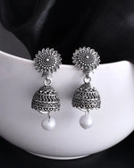 White Bead Studded Circular Oxidised Silver Plated Contemporary Jhumka-VOJ103