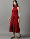 Women's Maroon Solid Fit and Flare Dress-AE-15669-Maroon