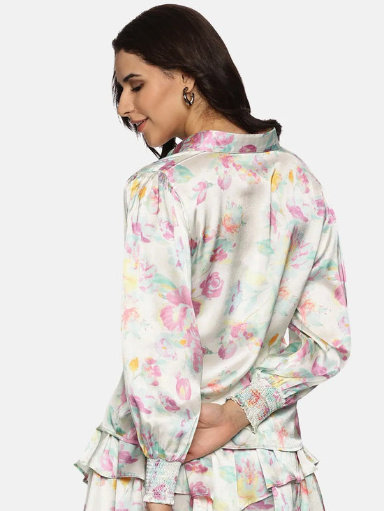 Floral White Satin Shirt-17328