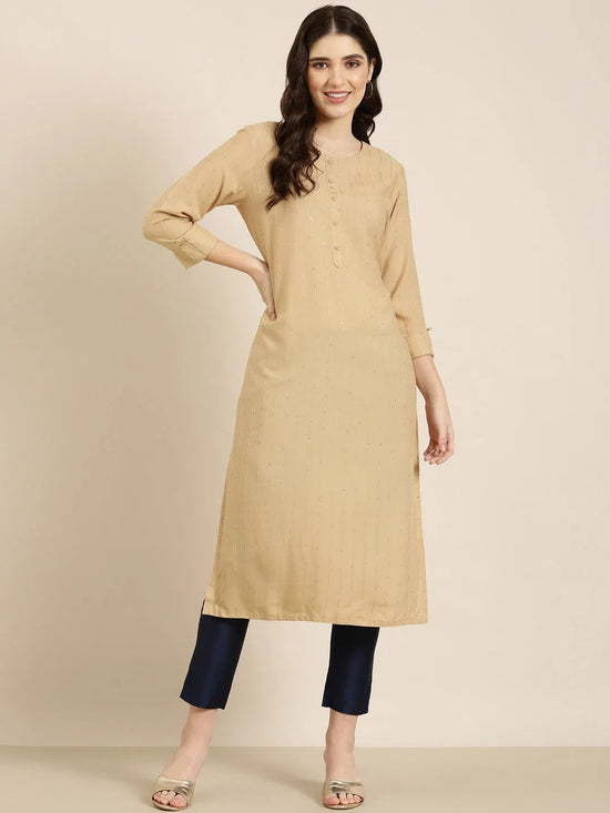 Women Beige Striped Straight Kurta-RA-068-Beige