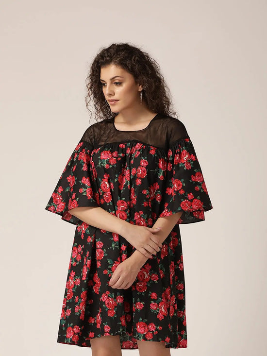 Sheer neck and flare sleeve Dress in Black and Red