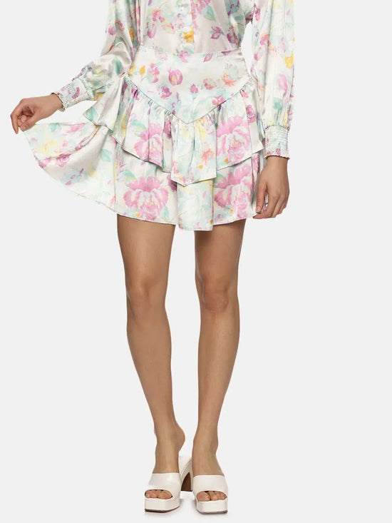 Floral White Ruffle Mini Skirt-17329