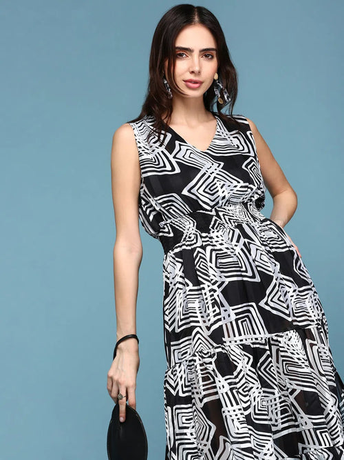 Women's Black Printed Fit and Flare Dress-AE-15643-Black