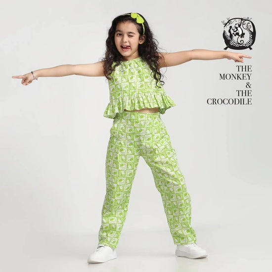 Girls Crop Top and Pants- With Monkey & Crocodile story print