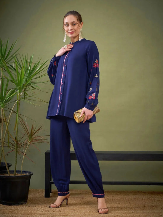 Women Royal Blue Sleeve Embroidered Shirt With Cuff Pants