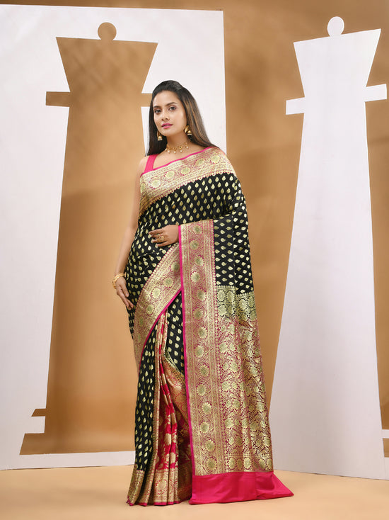 Black Katan Silk Banarasi Saree With Ethnic Motifs And Woven Designs-MA53KA441380029