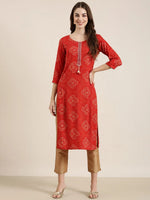 Women Red Printed Straight Kurta-AT-A901-K-Red