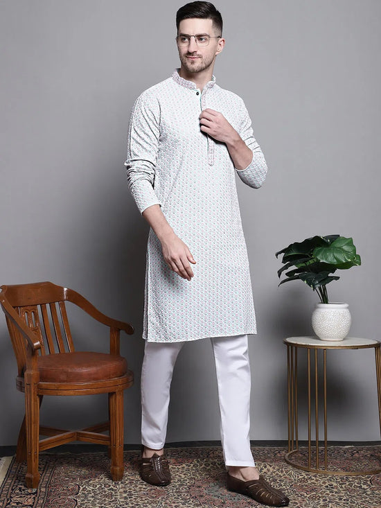 Sequin Embroidered Pure Cotton Kurta with Pyjamas-JOKP-P-5008Blue