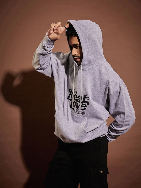 Men Grey Melange Love Locals Oversized Hoodie