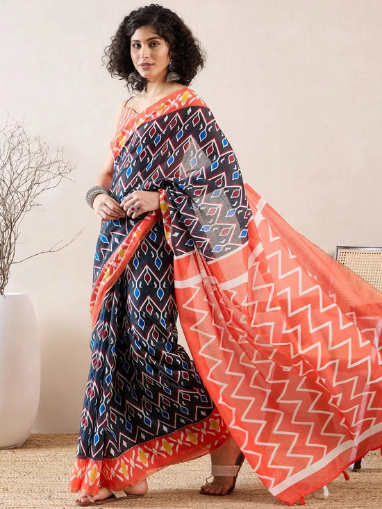 Ahika Women Black Linen Geometric Printed Saree-VFSAR1013