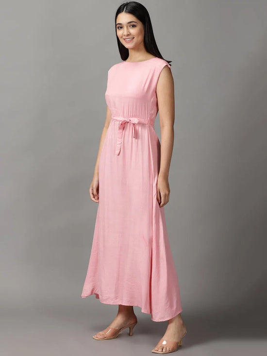 Women's Pink Solid Fit and Flare Dress-AE-15689-Pink