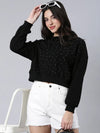 Women Self Design Black Crop Sweatshirt-7004-Black