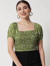 Green Floral Print Smocking Crop Top