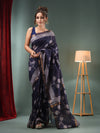 Navy Blue Blended Silk Handwoven Saree With Flower Designs-MA50BSL34710014