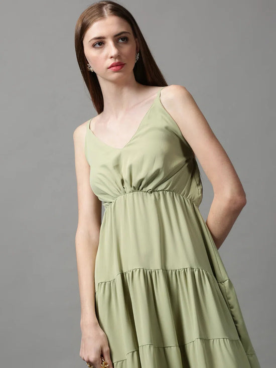 Women's Green Solid Fit and Flare Dress-AE-15666-Green