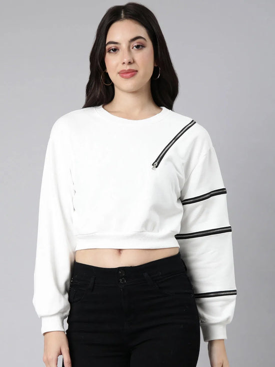 Women Solid White Crop Sweatshirt-2286-White