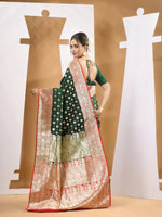 Deep Green Katan Silk Banarasi Saree With Ethnic Motifs And Woven Designs-MA53KA441380031