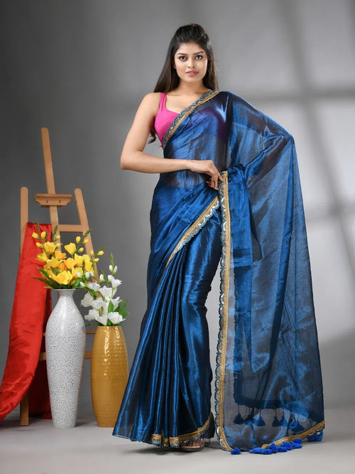 Sapphire blue Shimmer Tissue Saree With Gota Patti Borders-MA62TIS33990012