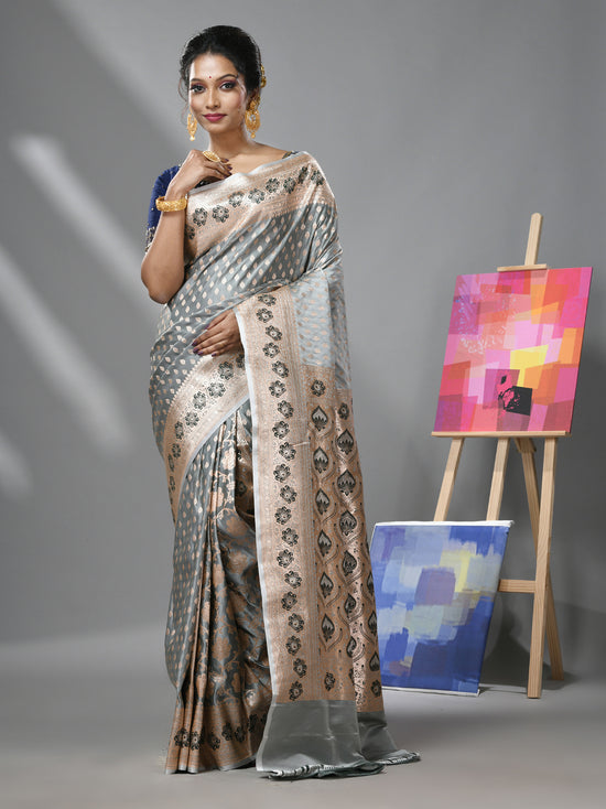 Grey Katan Silk Banarasi Saree With Ethnic Motifs And Zari Woven Designs-MA52KA441380084