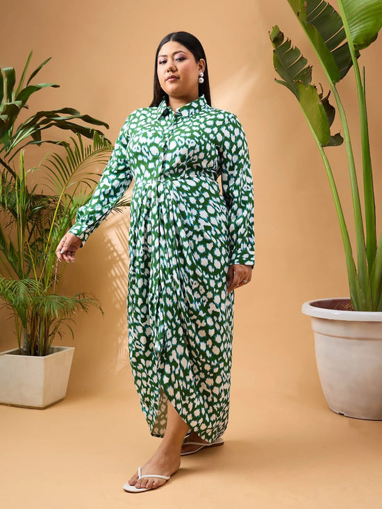 Women Green & White Print Button Open Midi Dress