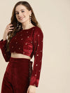 Maroon Full Sleeve Embroidered Velvet Crop Top