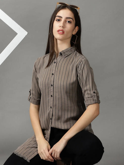 Women's Grey Striped Longline Shirt-AE-4149-Taupe