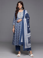 Indo Era Blue Embroidered A-Line Kurta Trousers With Dupatta Set