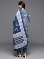 Indo Era Blue Embroidered A-Line Kurta Trousers With Dupatta Set