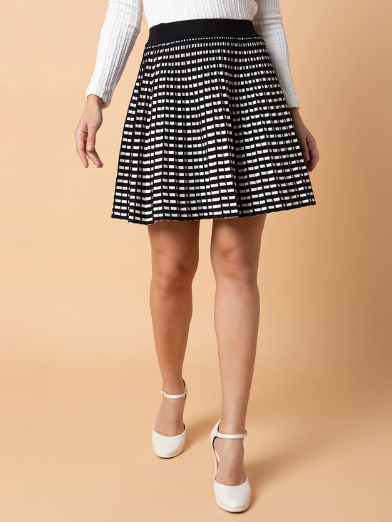 Women Checked Black Flared Mini Skirt-1708-Black