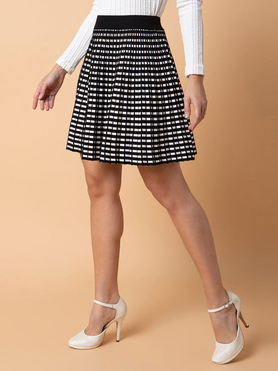 Women Checked Black Flared Mini Skirt-1708-Black