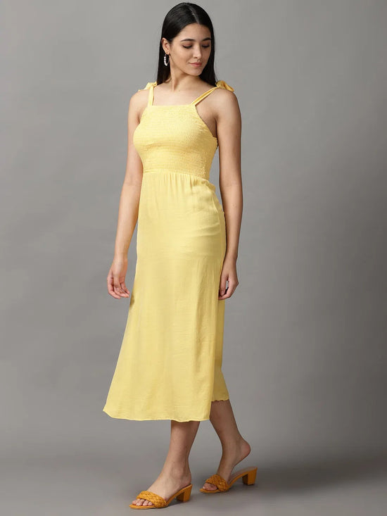 Women's Yellow Solid Fit and Flare Dress-AE-15681-Yellow