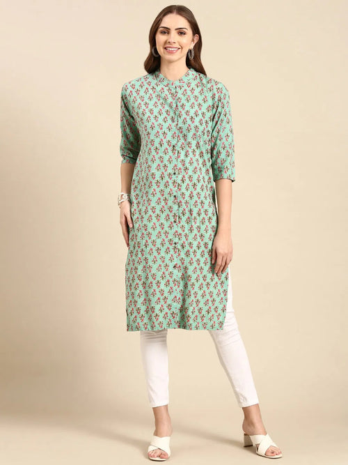 Women's Sea Green Printed Straight Kurta-GW-500-Seagreen