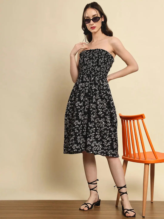 Black Floral Print Smocking Dress