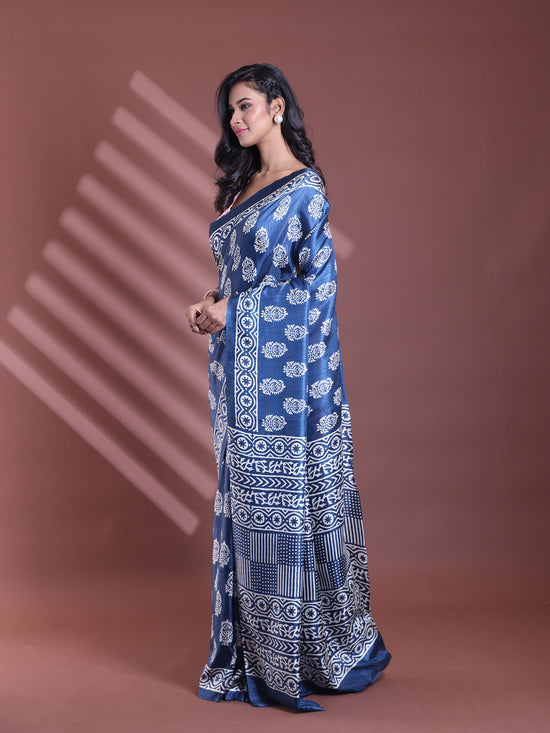 Blue Silk Soft Saree With Paisley Print-MA60BSL01400045