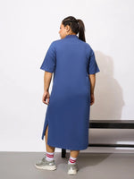 Women Navy Blue Polo Neck T Shirt Dress