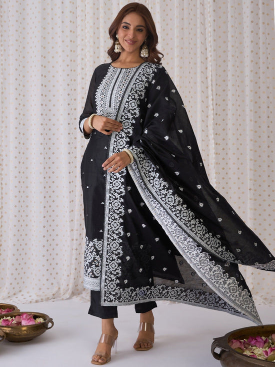 Indo Era Black Woven Design Straight Kurta Trousers With Dupatta set-KH9BK5426