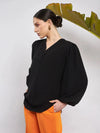 Women Black Puff Sleeves V-Neck Blouse