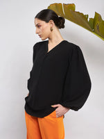 Women Black Puff Sleeves V-Neck Blouse