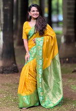 Suha Womens Fashion Ethnic Kanjeevaram Yellow Color Sarees-MLSHWSA2031YLW