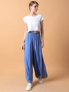 Women Solid Blue Pleated Loose Fit Trouser-1735-Blue