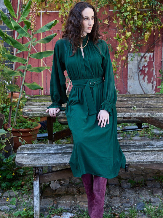 Green Belted Blouson Sleeve Dress-17430