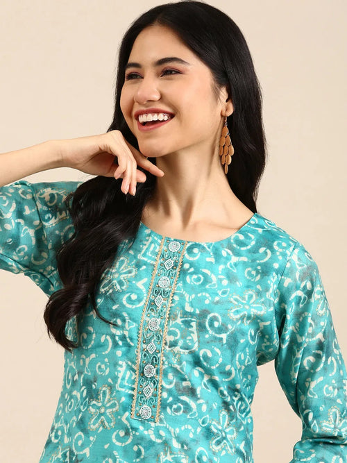 Women's Turquoise Blue Printed Kurta Set-SKC-3369-Turquoiseblue