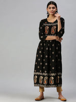 Women's Black Printed Straight Kurta-CR2229-Black