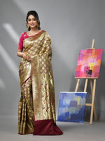 Cordovan Maroon Silk Banarasi Saree With Zari Woven Floral And Paisley Designs-MA52BSL441050022