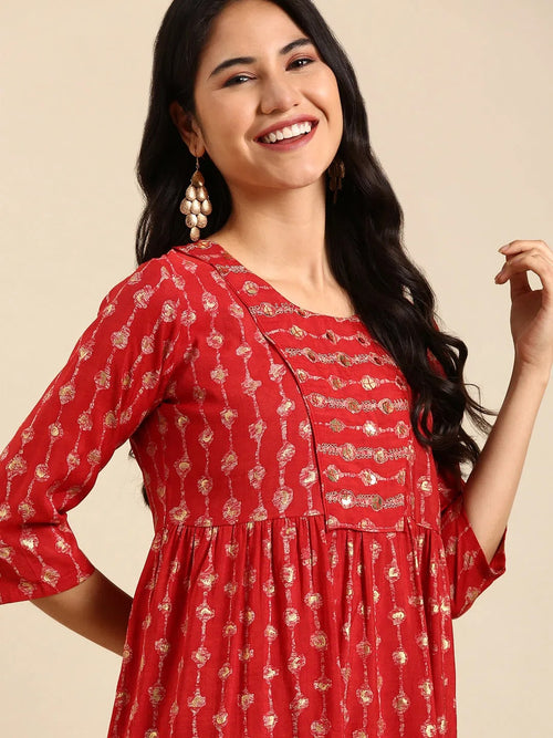 Women's Red Printed Anarkali Kurta-DF-1365-Red