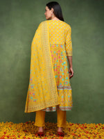 Ahika Women Yellow Pure Cotton Floral Printed Anarkali Kurta Trouser With Dupatta