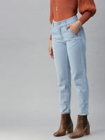 Women's Blue Solid Mom Fit Denim Jeans-GZ-5018A-Blue