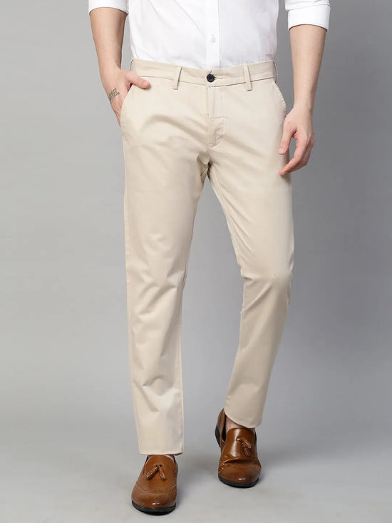 Genips Men's Beige Cotton Stretch Caribbean Slim Fit Solid Trousers