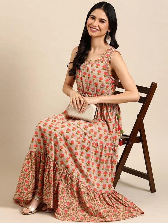 Women's Beige Printed Anarkali Kurta-FS-2644-Beige