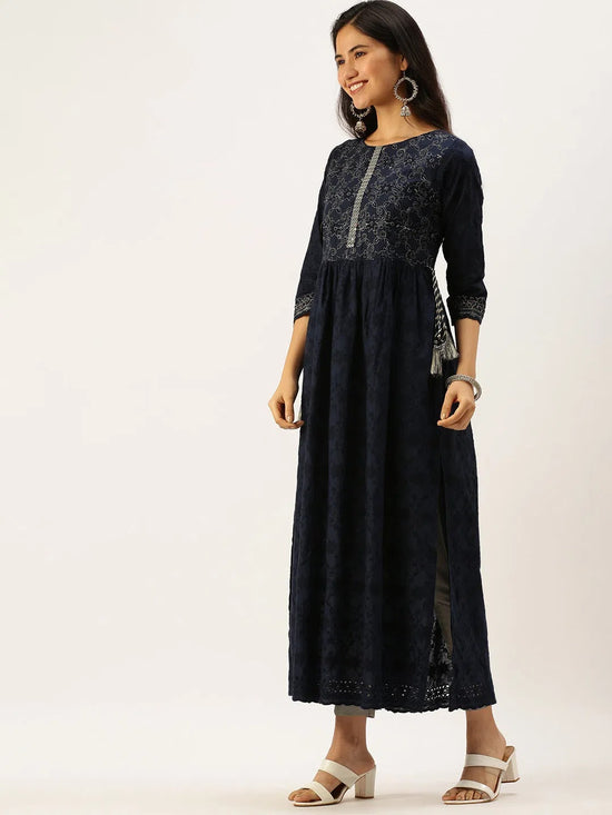 Women's Blue Embroidered Anarkali Kurtas-RA-003-Navyblue